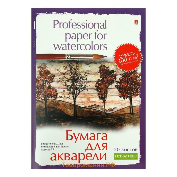 Бумага для акварели А5, 20 листов "Профессиональня серия", блок 200 г/м2, МИКС