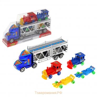 Грузовик инерционный «Автовоз», 2 машинки и 2 паровоза, цвета МИКС