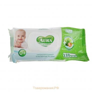 Влажные салфетки Aura Ultra Comfort, детские с экстрактом алоэ, 120 шт.