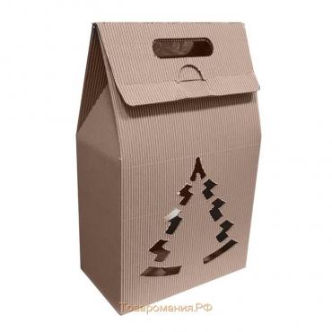 Подарочная коробка под бутылки "Сумка с ёлкой", бурая, сборная, 24 х 13.5 х 40 см
