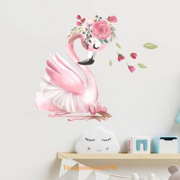 Наклейка пластик интерьерная цветная "Фламинго в балетной пачке с цветами" 30х60 см