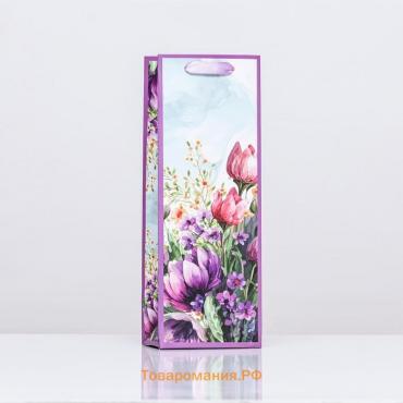 Пакет ламинированный под бутылку "Акварельные цветы",13 х 36 х 10 см